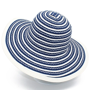 Navy and white striped wide brim sun hat for women with elegant wavy textured design