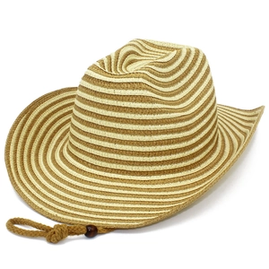 Detail of two-tone straw cowboy hat with spiral pattern and woven chin strap