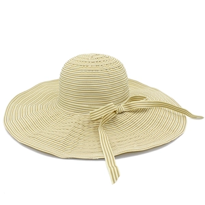Detail of khaki striped sun hat with wide brim and decorative ribbon bow closure
