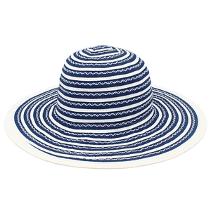 Detail of navy blue and white striped woven sun hat with a wide brim for women