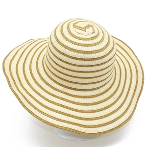 Striped woven straw sun hat for women with wide brim and embroidered logo detail