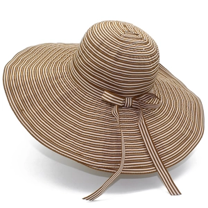 Women's wide brim sun hat with brown striped pattern and elegant bow decoration