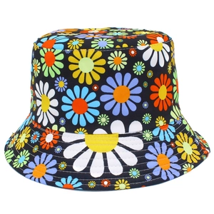 Reversible Colorful Daisy Print Bucket Hat Foldable Cotton Sun Protection Double Sided Fisherman Hat For Women Men Outdoor Travel