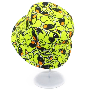 Neon yellow cartoon duck bucket sun hat with sunglasses print on display stand