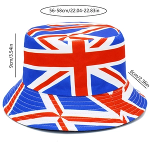 Detailed size guide for Union Jack bucket hat showing 56-58cm circumference and 9cm depth
