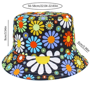 Detailed size chart of colorful floral bucket hat showing brim width and head circumference