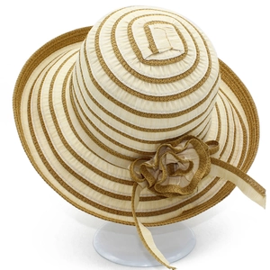 Women's striped wide brim sun hat with fabric flower detail in beige and brown