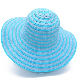 Women's foldable wide brim straw hat with light blue stripes for sun protection