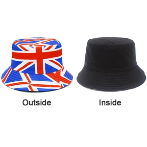 Detailed view of the reversible bucket hat showing the UK Union Jack flag and black side