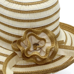 Detailed macro view of woven paper straw texture and handmade flower on a sun hat