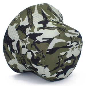 Detail of camouflage bucket hat with star patterns and reinforced stitched brim
