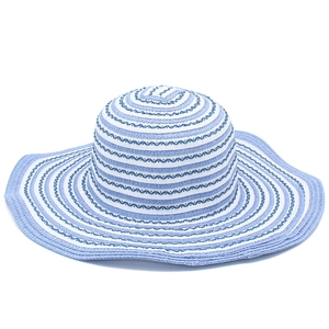Detailed view of striped wide-brim straw hat featuring blue and white wavy textures