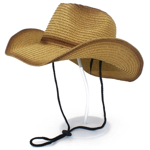 Cappello da cowboy in paglia alla moda con tesa arrotolata e cordino regolabile per l'aperto