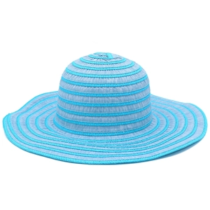 Detail of light blue striped woven sun hat with a wide wavy brim and round crown