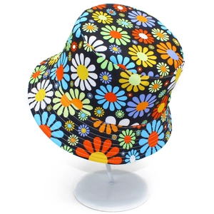 Stylish black bucket hat with colorful daisy floral print and reinforced stitching