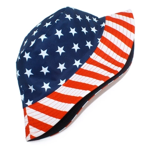 Foldable bucket hat featuring American flag stars and stripes print for outdoor sun protection