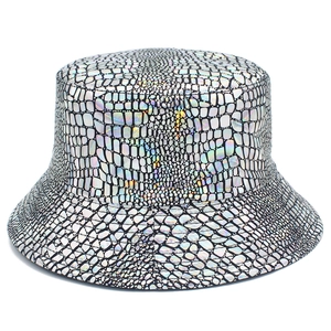 Holographic Silver Bucket Hat Laser Crocodile Pattern Faux Leather Reversible Sun Protection Fisherman Hat For Women Men