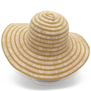 Women's foldable straw sun hat with wide brim and striped yellow stitching pattern