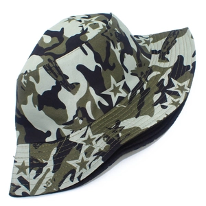 Detail shot of camouflage bucket hat with white stars and reinforced brim stitching