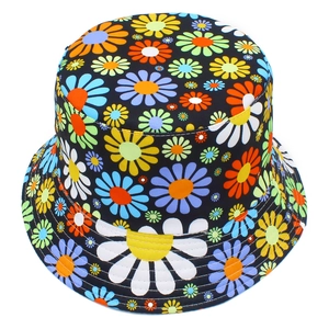 Stylish black bucket hat featuring vibrant multicolored daisy patterns for sun protection