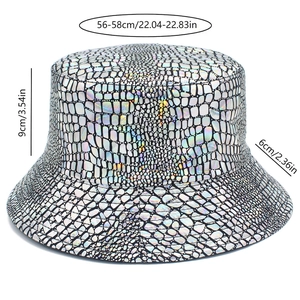 Detailed dimensions of holographic silver bucket hat with shiny faux snakeskin texture