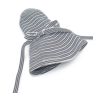 Classic striped sun hat with bow and chin straps for kids, white background view
