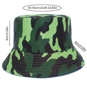 Detail showing dimensions of camouflage bucket hat with 6cm brim and 9cm depth