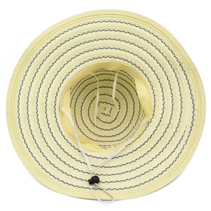 Striped wide brim sun hat with wind cord and wave pattern straw weaving for women