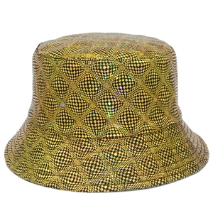 Holographic Gold Checkerboard Bucket Hat For Men Women Reversible Metallic Laser Disco Party Hip Hop Streetwear Sun Hat