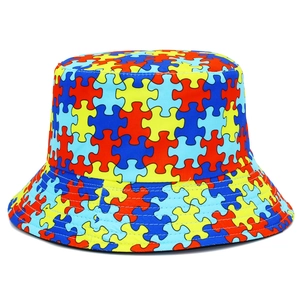 Colorful Puzzle Piece Print Cotton Bucket Hat For Men Women Reversible Hip Hop Outdoor Sun Protection Casual Basin Hat