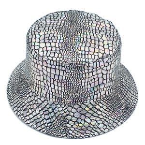 Silver laser sequin bucket hat with crocodile texture in a stylish iridescent metallic finish
