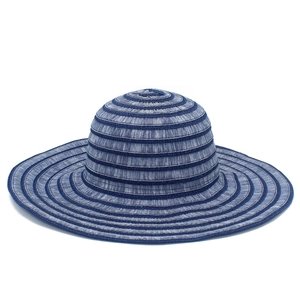 Detailed view of the blue and white striped weave on a foldable wide brim straw sun hat