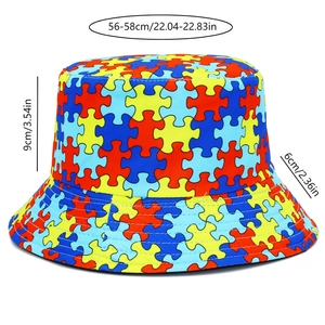 Size chart for puzzle print bucket hat showing 56-58cm circumference and 6cm brim width