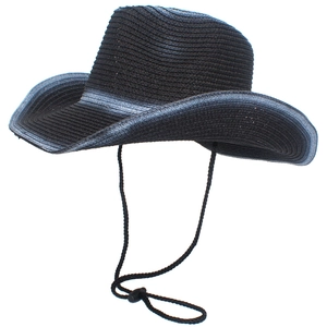 Dettaglio cappello cowboy in paglia sfumata nera con cordino regolabile e tesa arrotolata