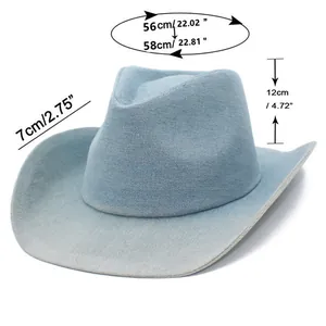 Detailed size chart for blue denim cowboy hat showing dimensions and brim width
