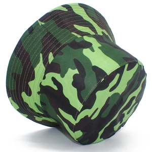 Close-up of jungle camouflage bucket hat with reinforced stitching and twill fabric