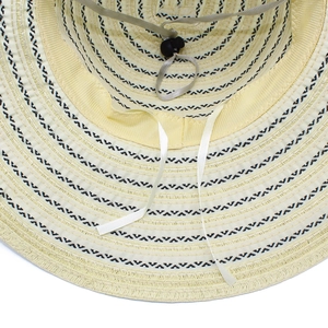 Detail of wide-brimmed straw hat showing woven stripes and adjustable windproof cord