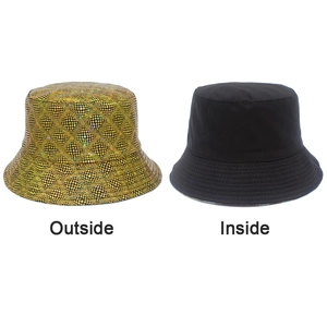 Detail of reversible bucket hat showing sparkly gold sequins outside and black fabric inside