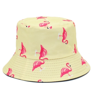 Flamingo Print Reversible Bucket Hat For Women Cotton Sun Protection Fisherman Cap Yellow Black Outdoor Travel Beach Hat