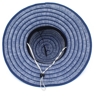 Detailed top view of blue and white striped straw sun hat with adjustable wind cord