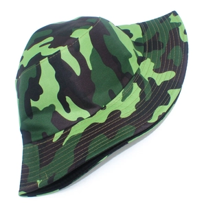 Close-up of camouflage bucket hat with reinforced stitching and durable canvas texture