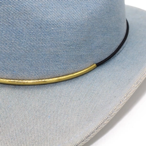 Classic light blue denim fedora hat with elegant gold metal buckle and leather band