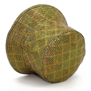 Holographic gold checkered bucket hat with shiny disco laser effect for parties