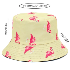 Detailed size chart for yellow flamingo print bucket hat with 56-58cm head circumference