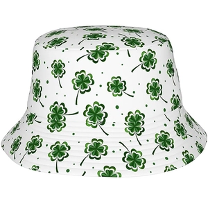 Reversible St Patricks Day Bucket Hat Green Four Leaf Clover Print Cotton Sunshade Fisherman Cap For Men Women