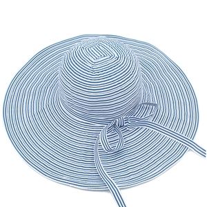 Close-up of blue and white striped sun hat with a matching bow and wide brim design