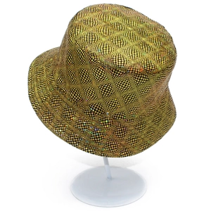Holographic gold and black checkerboard bucket hat with a shiny laser finish