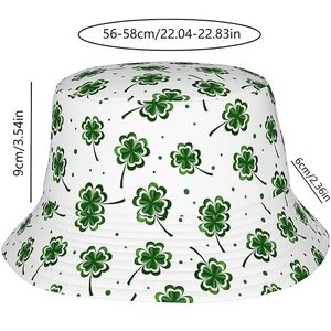 Detailed dimensions of white bucket hat with green flower pattern showing 56-58cm head size