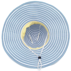 Detail of blue striped sun hat with yellow inner sweatband and adjustable windproof rope