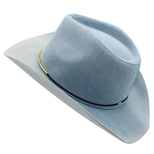 Classic denim blue fedora hat with gold buckle detail and wide brim for sun protection